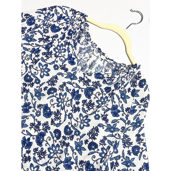 Gap Womens Blue White Floral Ruffle Neck Blouse Long Sleeve Rayon V-Neck Large - Picture 3 of 12